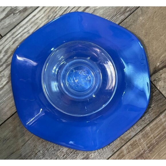 Vintage Blue Blown Glass Pedestal Compote Bowl With Clear Stem - Picture 9 of 9